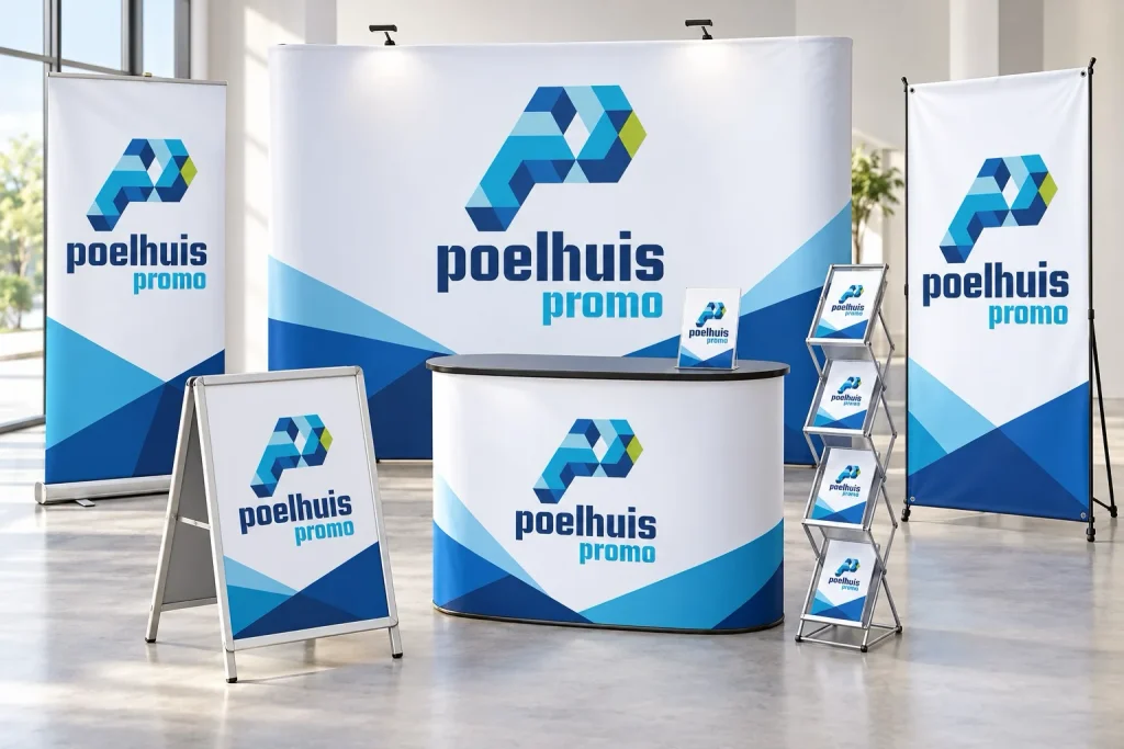 Beursstand met roll-up banners, een balie, een stoepbord en een folderrek met het logo van Poelhuis Promo